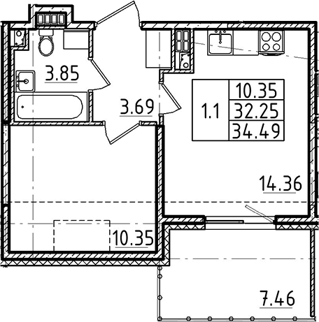 2-комнатная 39 м<sup>2</sup> на 5 этаже