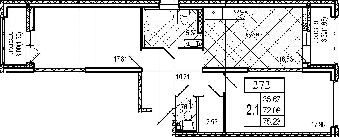 3-комнатная 72 м<sup>2</sup> на 8 этаже