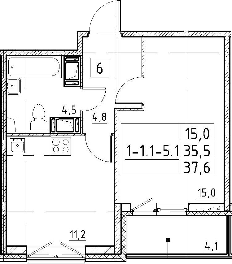 1-комнатная 39 м<sup>2</sup> на 3 этаже
