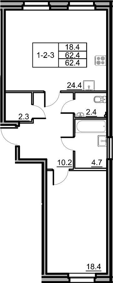 2-комнатная 62 м<sup>2</sup> на 1 этаже