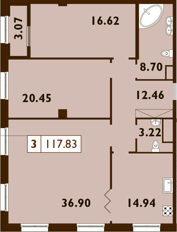 3-комнатная 116 м<sup>2</sup> на 8 этаже