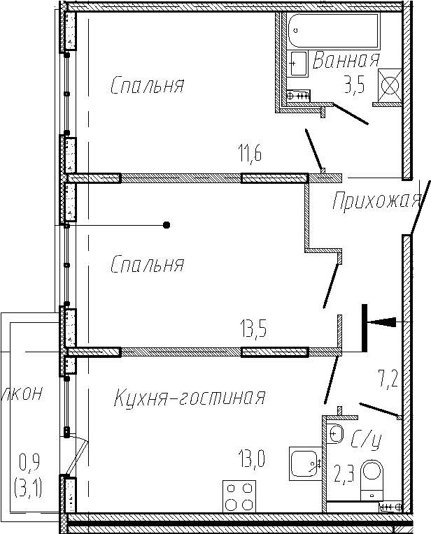 2-комнатная 54 м<sup>2</sup> на 1 этаже
