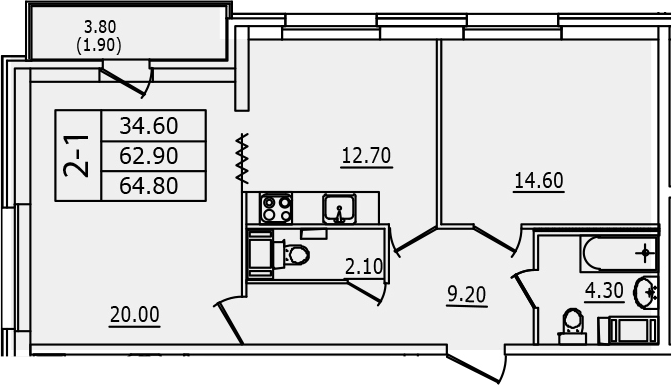 2-комнатная 62 м<sup>2</sup> на 2 этаже
