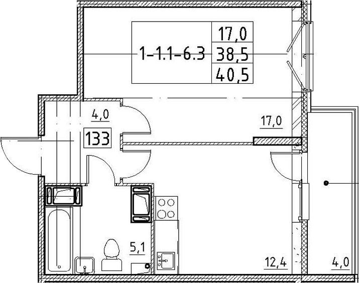 1-комнатная 42 м<sup>2</sup> на 3 этаже