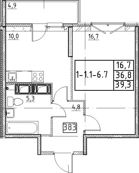 1-комнатная 41 м<sup>2</sup> на 12 этаже