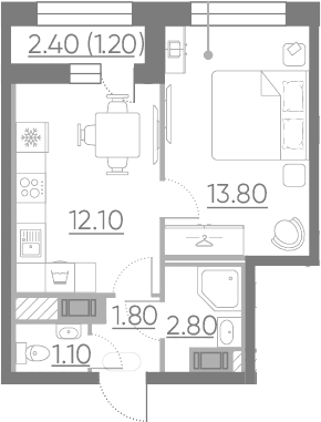 1-комнатная 31 м<sup>2</sup> на 10 этаже