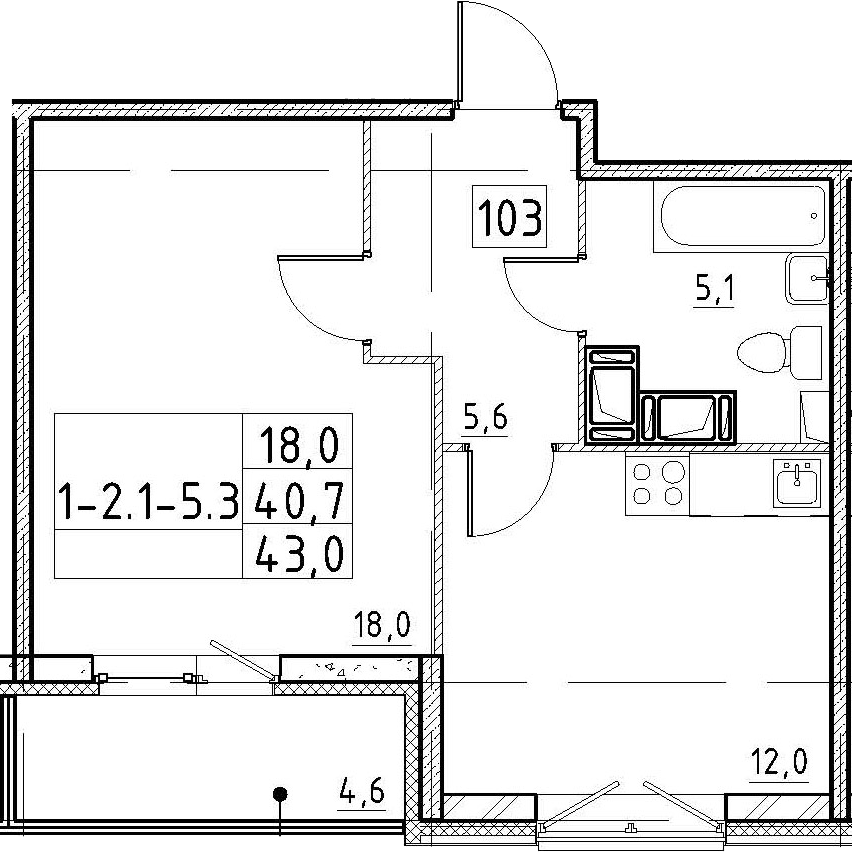 1-комнатная 45 м<sup>2</sup> на 3 этаже