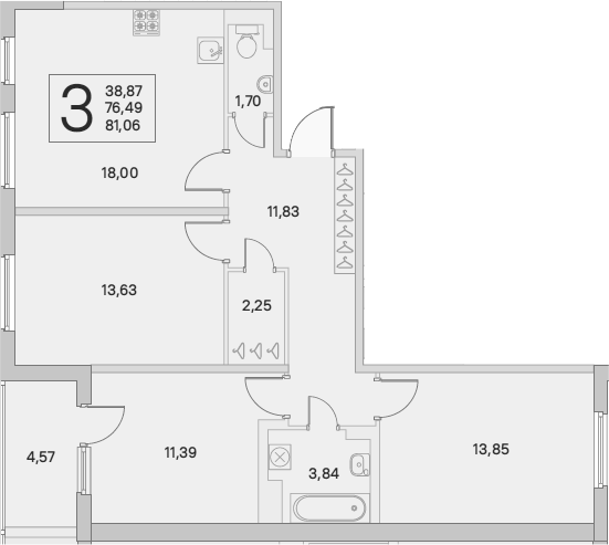 4-комнатная 76 м<sup>2</sup> на 3 этаже