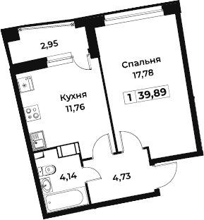 1-комнатная 38 м<sup>2</sup> на 18 этаже