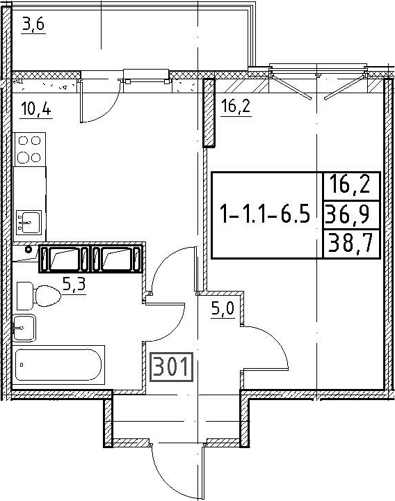 1-комнатная 40 м<sup>2</sup> на 12 этаже