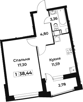 1-комнатная 37 м<sup>2</sup> на 4 этаже