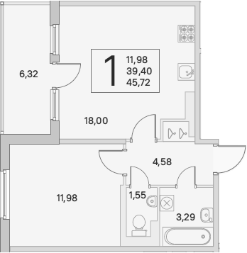 2-комнатная 45 м<sup>2</sup> на 3 этаже