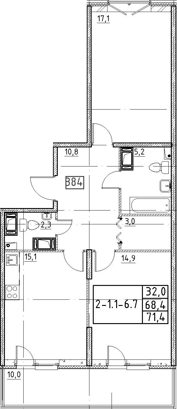 3-комнатная 78 м<sup>2</sup> на 3 этаже