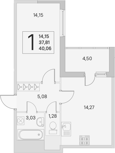 2-комнатная 37 м<sup>2</sup> на 6 этаже