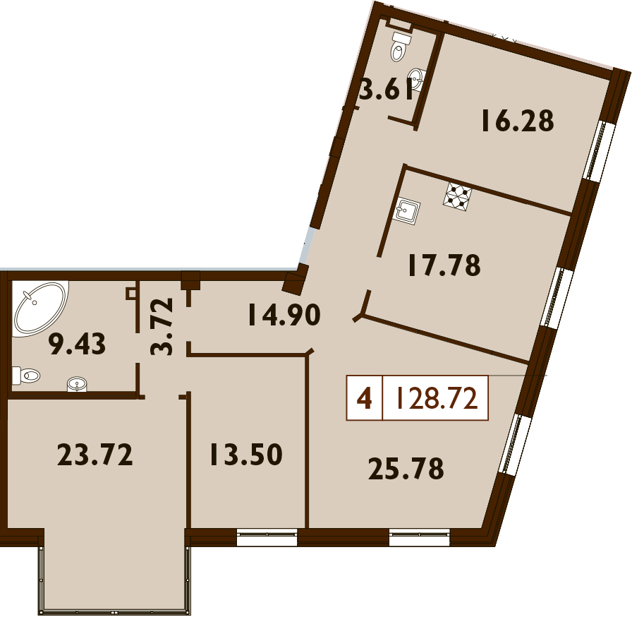 4-комнатная 128 м<sup>2</sup> на 3 этаже