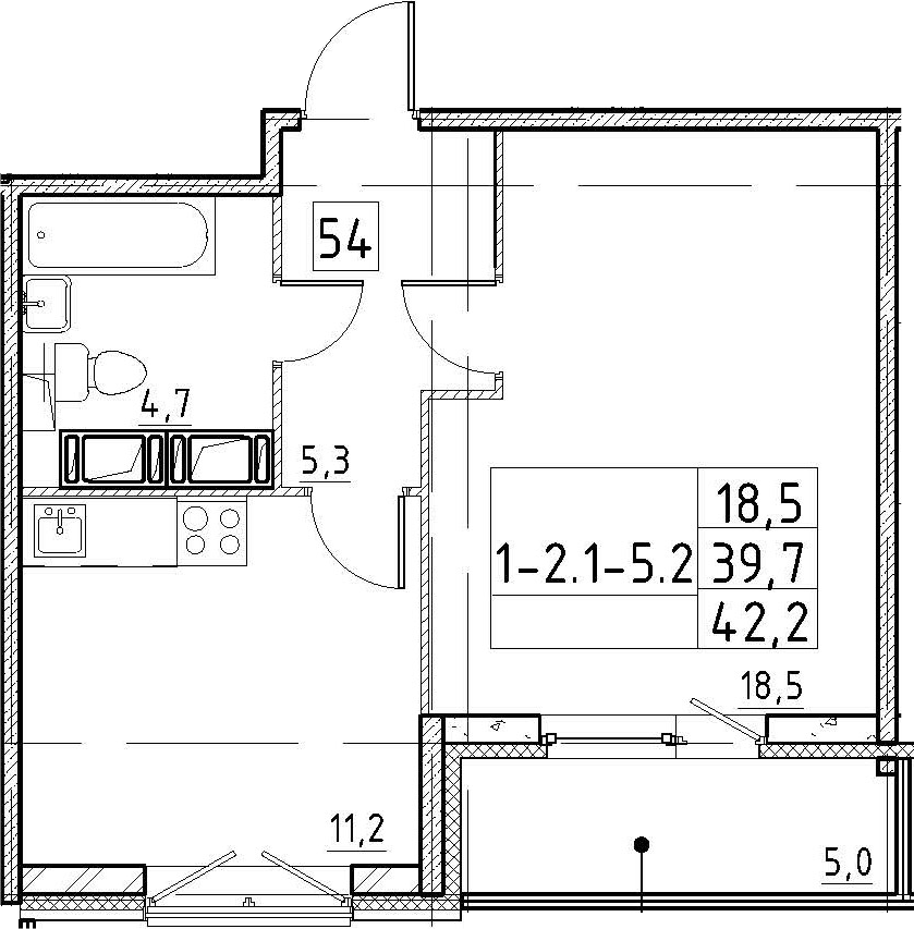 1-комнатная 44 м<sup>2</sup> на 3 этаже