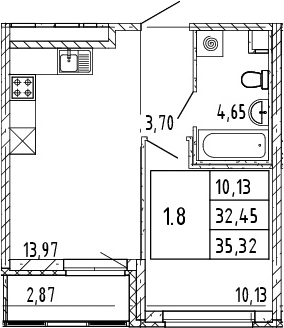 2-комнатная 32 м<sup>2</sup> на 2 этаже