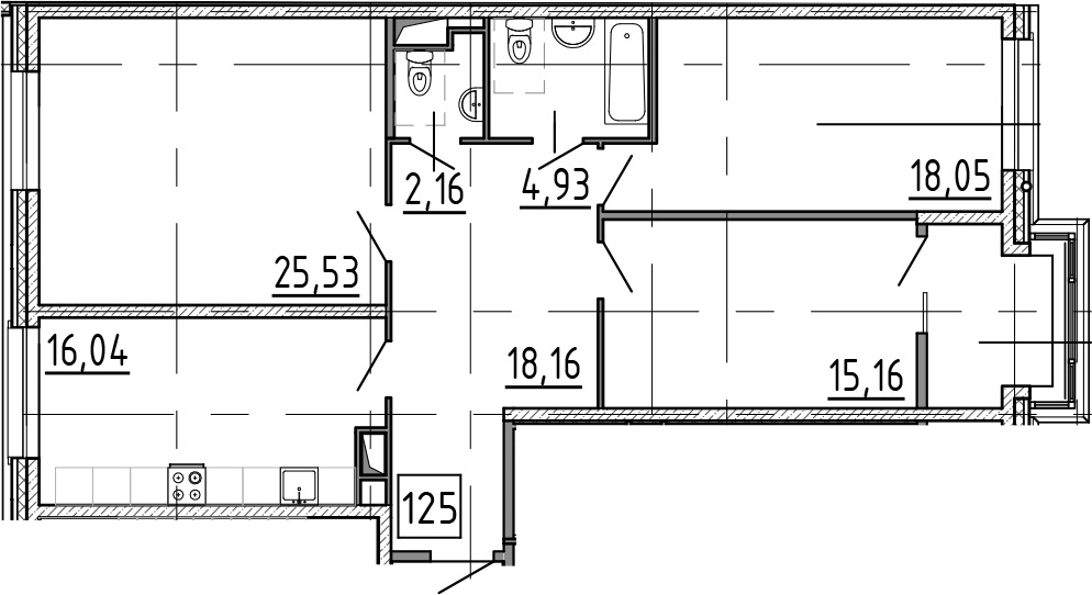 3-комнатная 100 м<sup>2</sup> на 2 этаже