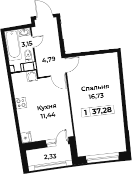 1-комнатная 36 м<sup>2</sup> на 14 этаже