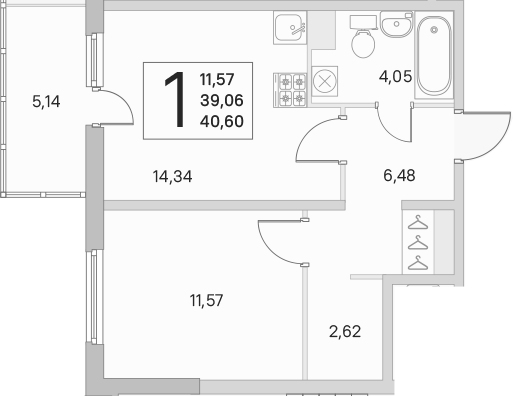 2-комнатная 39 м<sup>2</sup> на 1 этаже