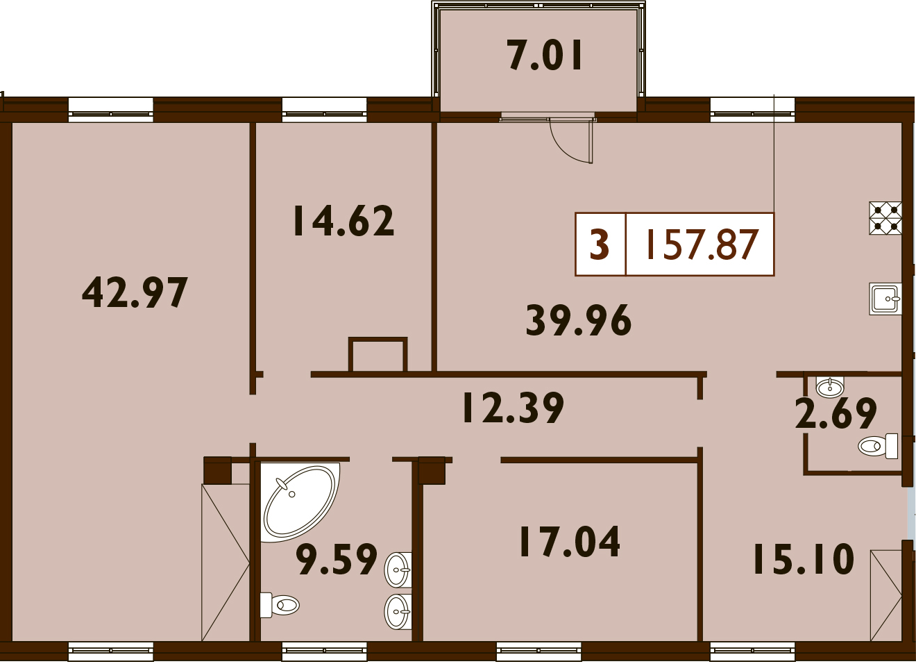 4-комнатная 154 м<sup>2</sup> на 7 этаже