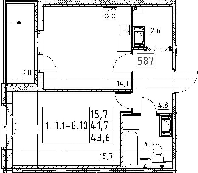 1-комнатная 45 м<sup>2</sup> на 5 этаже