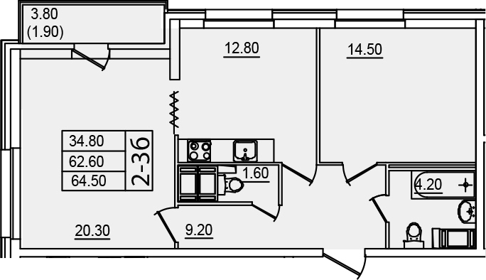 2-комнатная 62 м<sup>2</sup> на 19 этаже