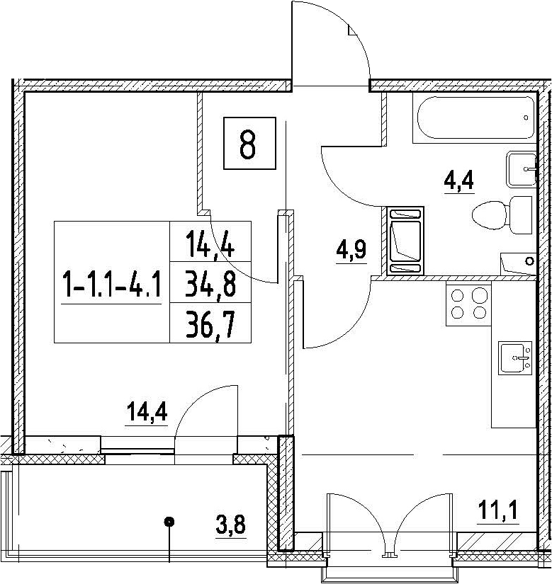 1-комнатная 38 м<sup>2</sup> на 4 этаже