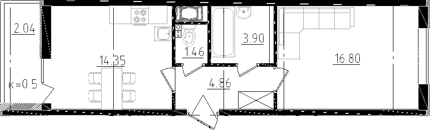 1-комнатная 41 м<sup>2</sup> на 2 этаже