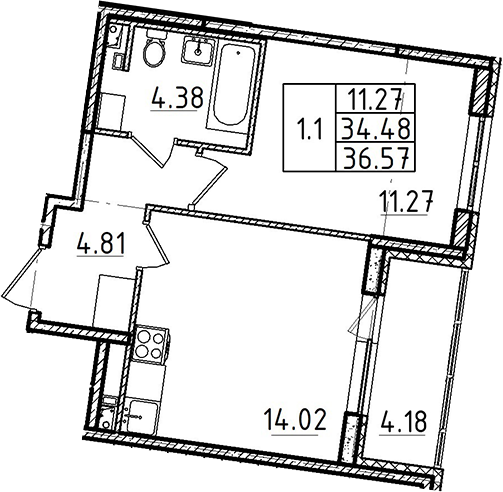 2-комнатная 38 м<sup>2</sup> на 2 этаже