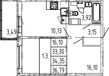 1-комнатная 33 м<sup>2</sup> на 2 этаже