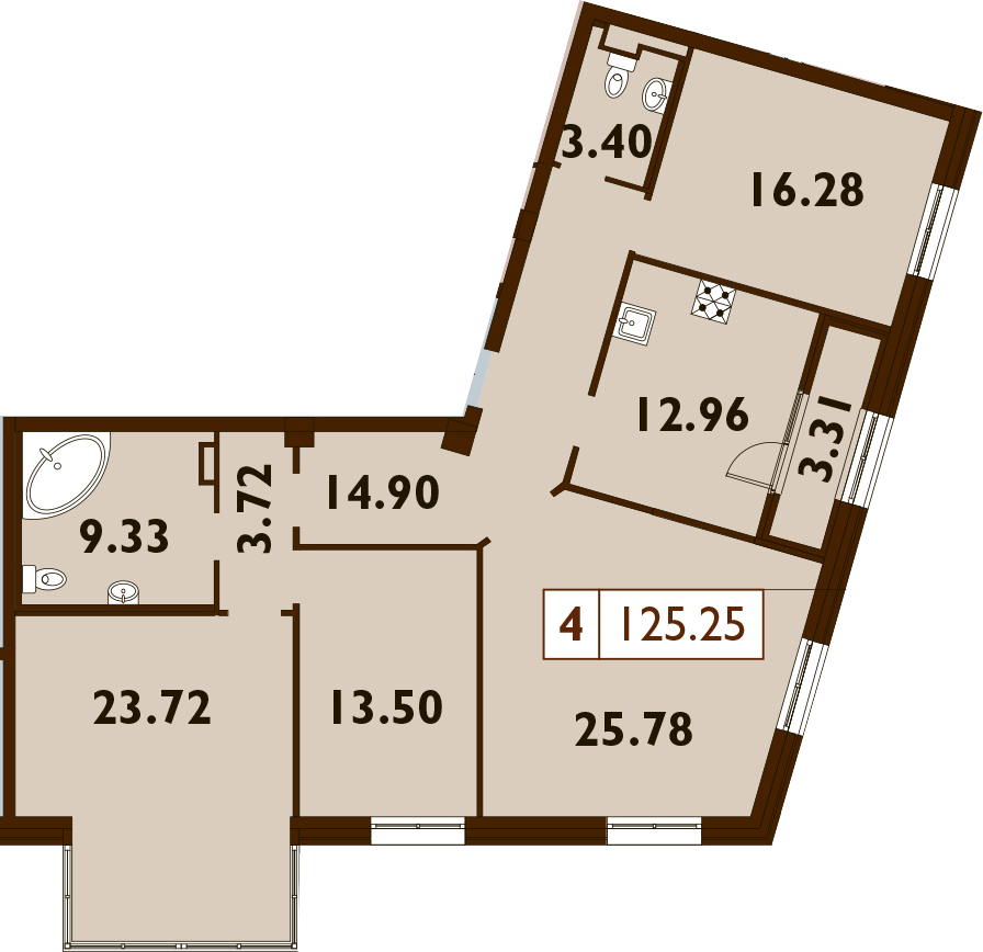 4-комнатная 124 м<sup>2</sup> на 5 этаже
