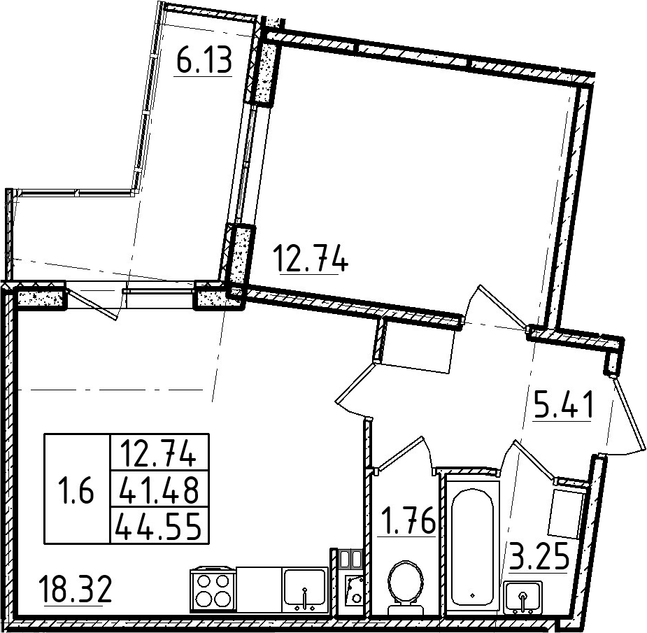 2-комнатная 47 м<sup>2</sup> на 3 этаже