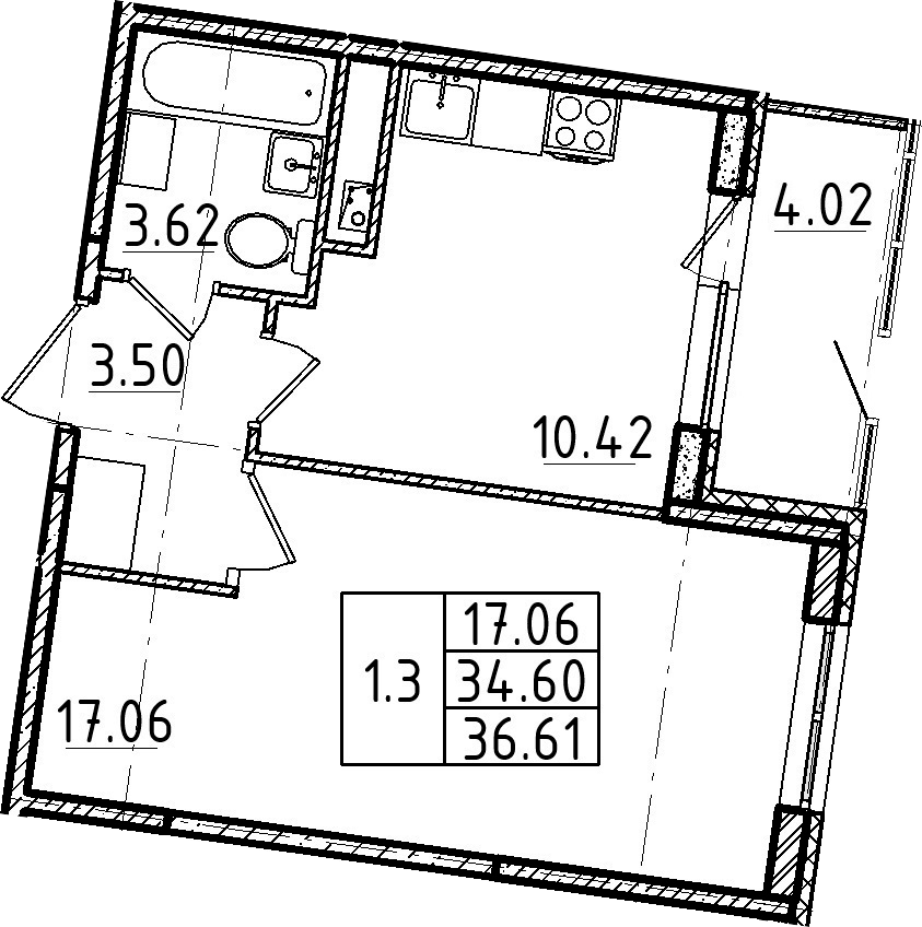 1-комнатная 38 м<sup>2</sup> на 1 этаже