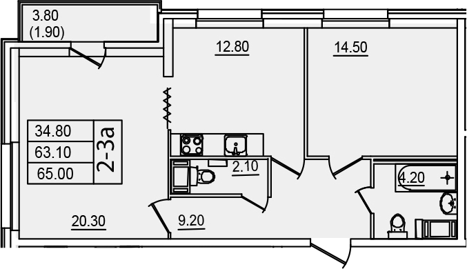 2-комнатная 63 м<sup>2</sup> на 6 этаже