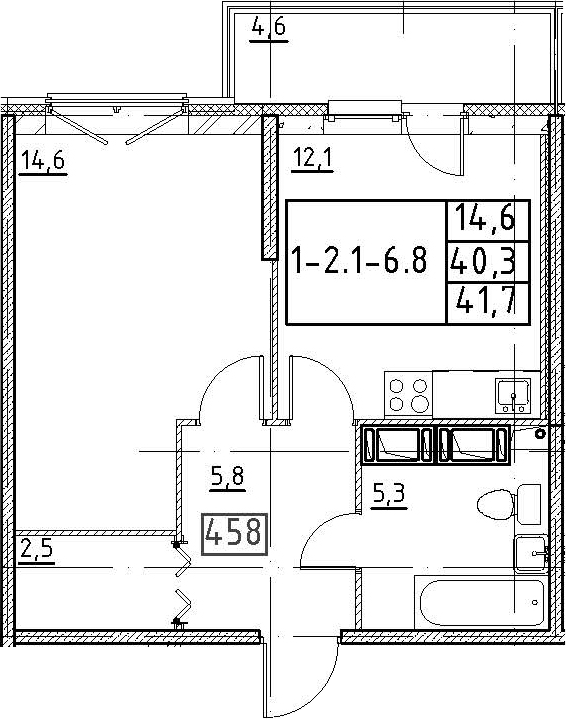 1-комнатная 44 м<sup>2</sup> на 6 этаже