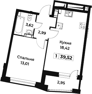 1-комнатная 38 м<sup>2</sup> на 14 этаже