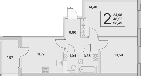 2-комнатная 48 м<sup>2</sup> на 4 этаже