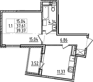 1-комнатная 41 м<sup>2</sup> на 3 этаже