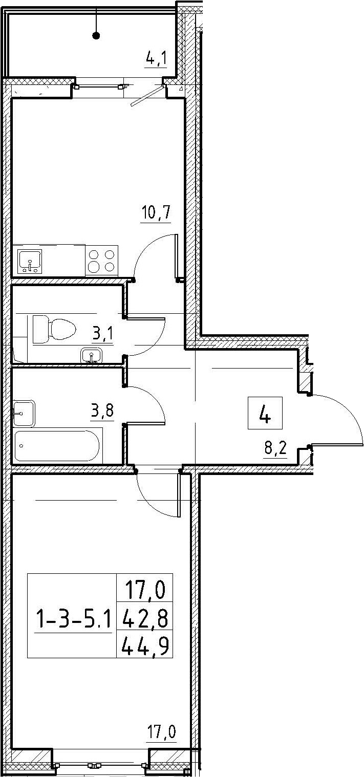 1-комнатная 47 м<sup>2</sup> на 1 этаже