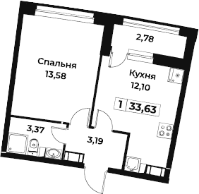 1-комнатная 32 м<sup>2</sup> на 16 этаже