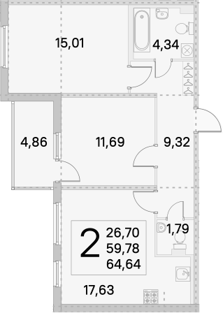 3-комнатная 59 м<sup>2</sup> на 1 этаже