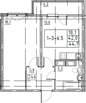 1-комнатная 46 м<sup>2</sup> на 2 этаже