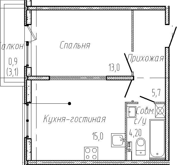 2-комнатная 41 м<sup>2</sup> на 1 этаже