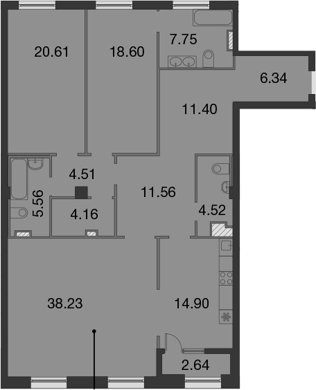 3-комнатная 148 м<sup>2</sup> на 6 этаже
