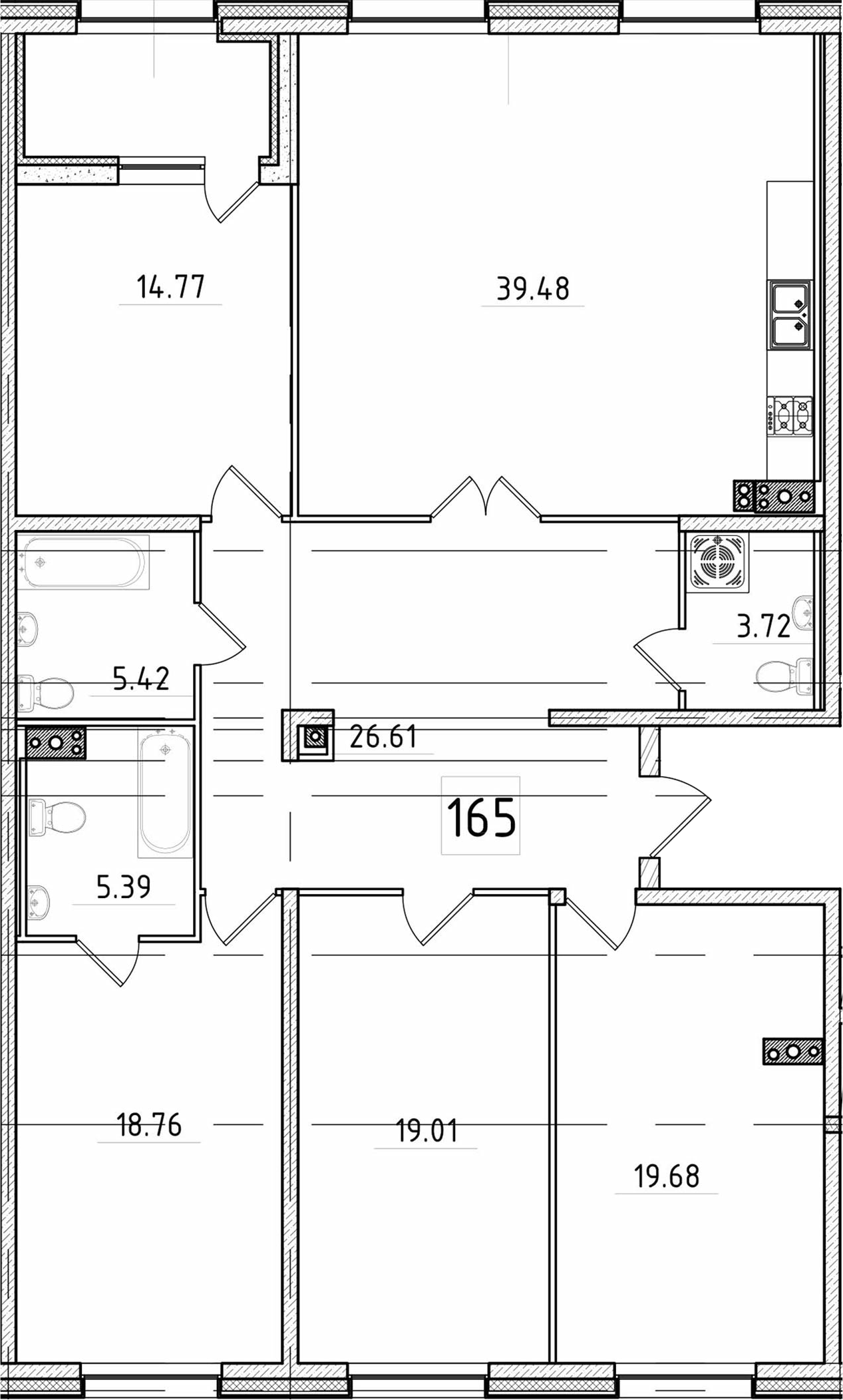 4-комнатная 154 м<sup>2</sup> на 3 этаже