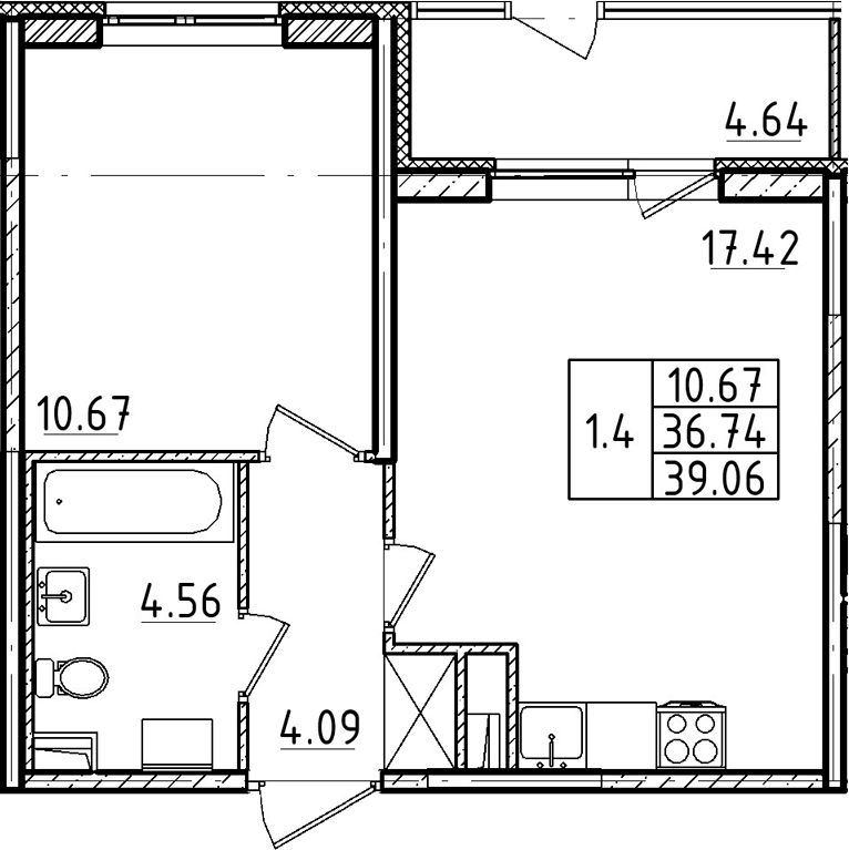 2-комнатная 41 м<sup>2</sup> на 1 этаже