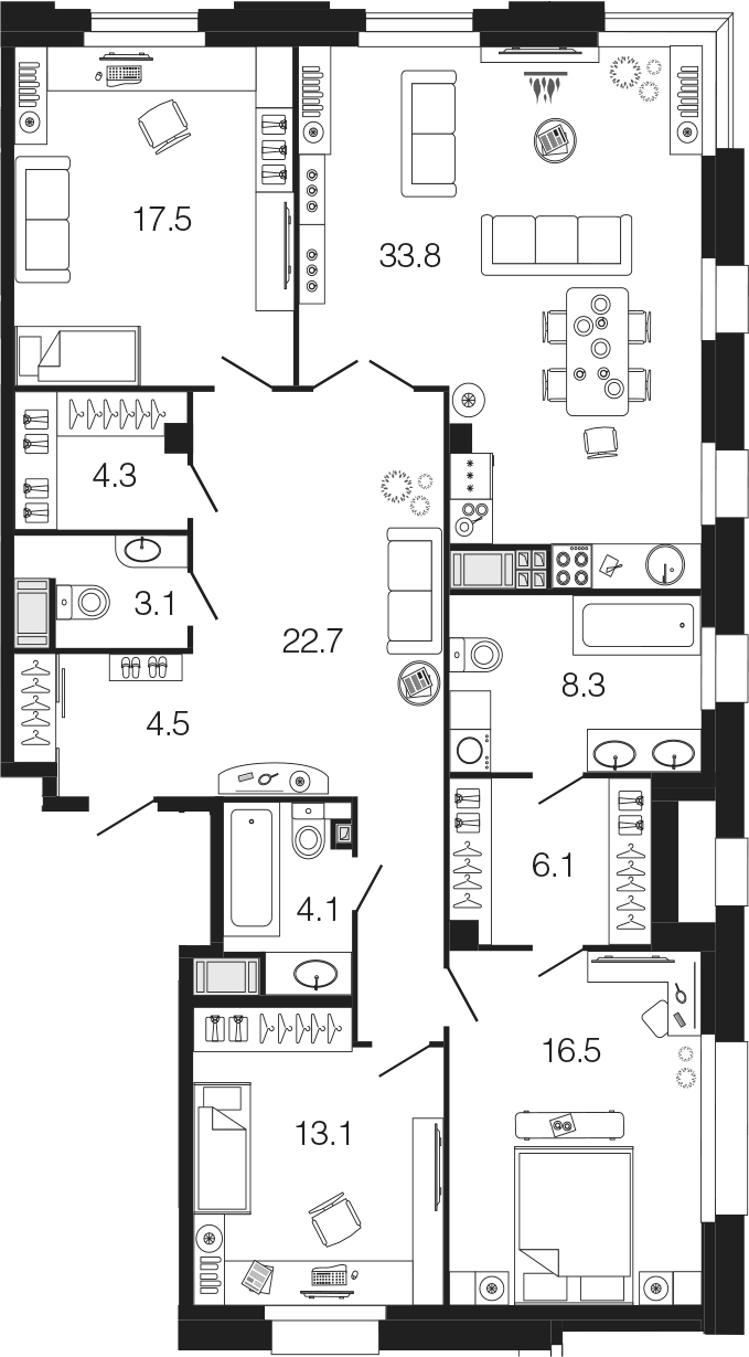4-комнатная 134 м<sup>2</sup> на 5 этаже