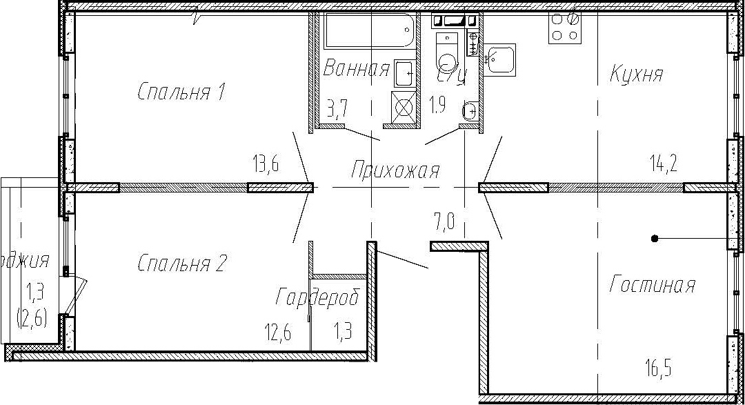 3-комнатная 73 м<sup>2</sup> на 2 этаже