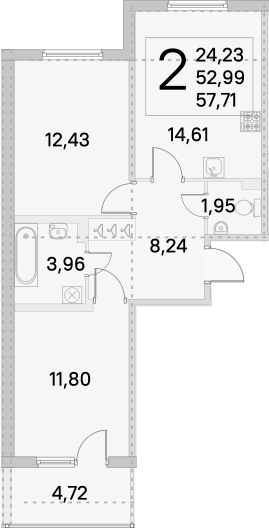 2-комнатная 57 м<sup>2</sup> на 1 этаже